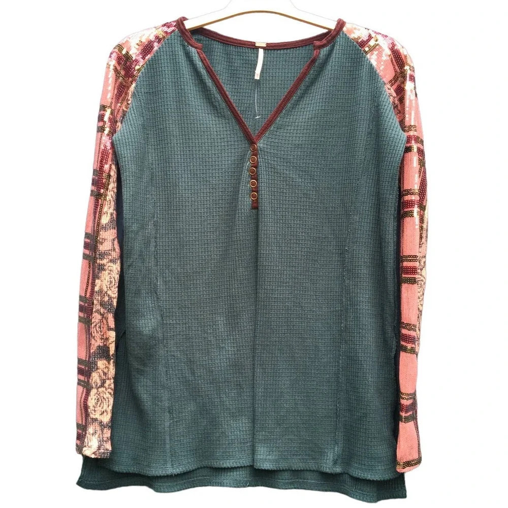 Free People Women's Size XS Forest Green Still Shining Thermal Tunic Top